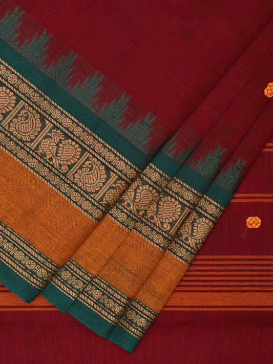 Dark Red Kanchipuram Cotton Saree with Strips Pallu and Peacock-Mango Border Design k0710