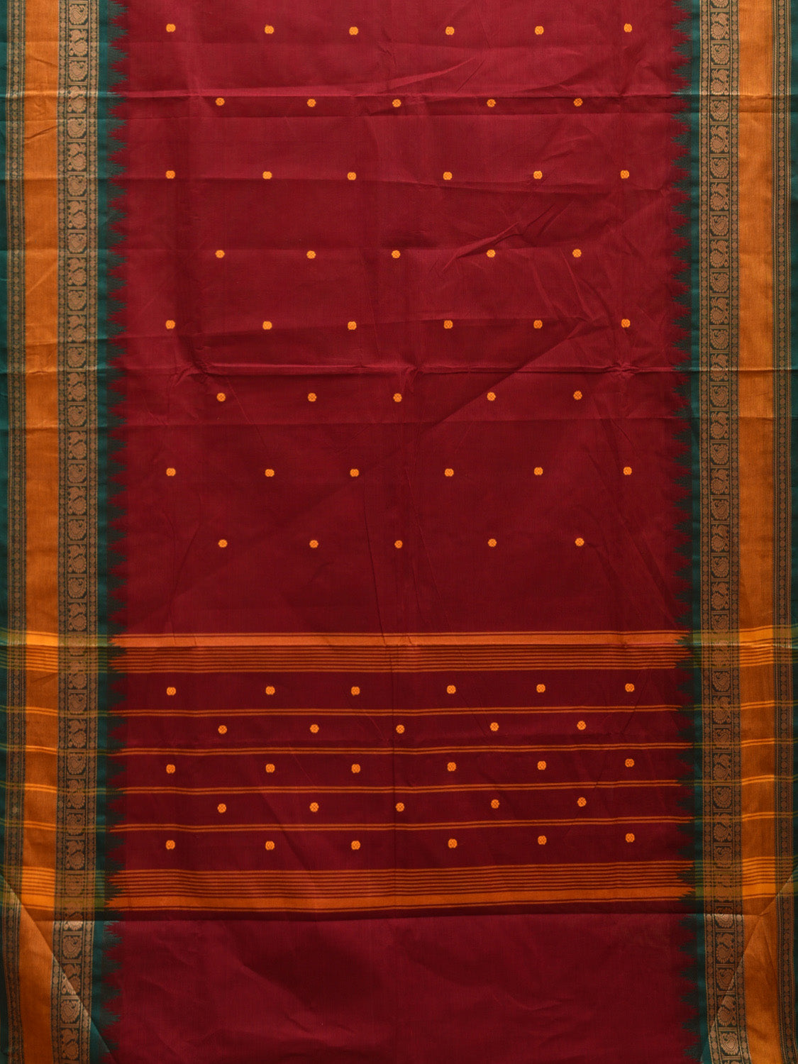 Dark Red Kanchipuram Cotton Saree with Strips Pallu and Peacock-Mango Border Design k0710