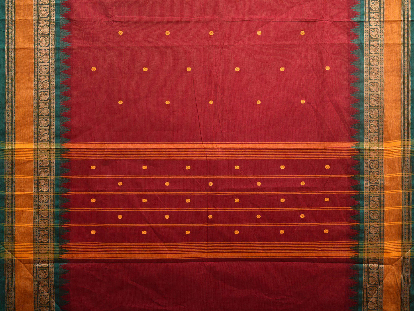 Dark Red Kanchipuram Cotton Saree with Strips Pallu and Peacock-Mango Border Design k0710