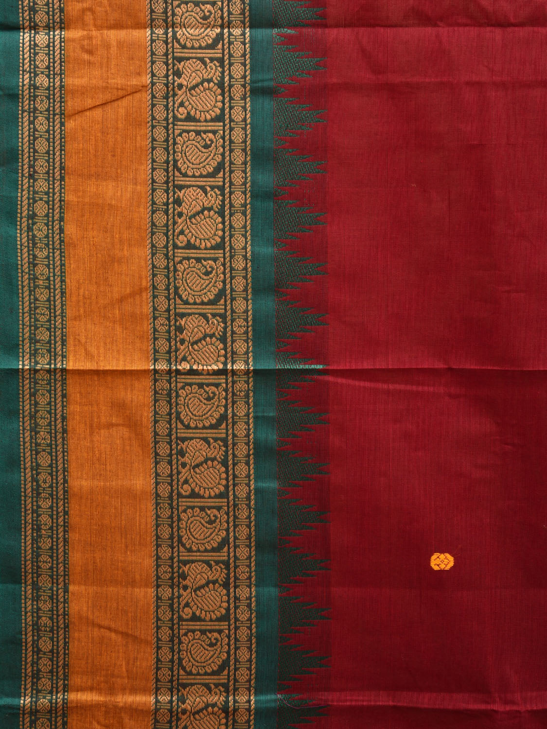 Dark Red Kanchipuram Cotton Saree with Strips Pallu and Peacock-Mango Border Design k0710