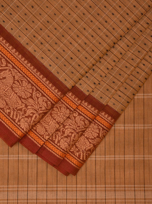 Cream Kanchipuram Cotton Saree with Checks and Horse Border Design k0711