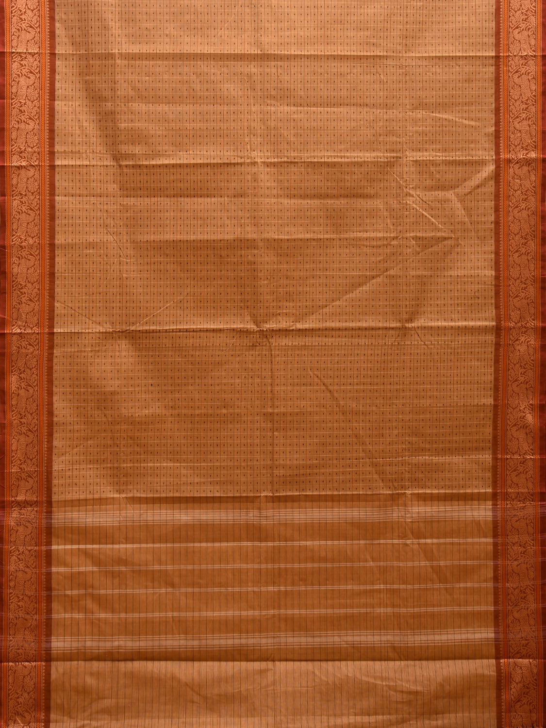 Cream Kanchipuram Cotton Saree with Checks and Horse Border Design k0711