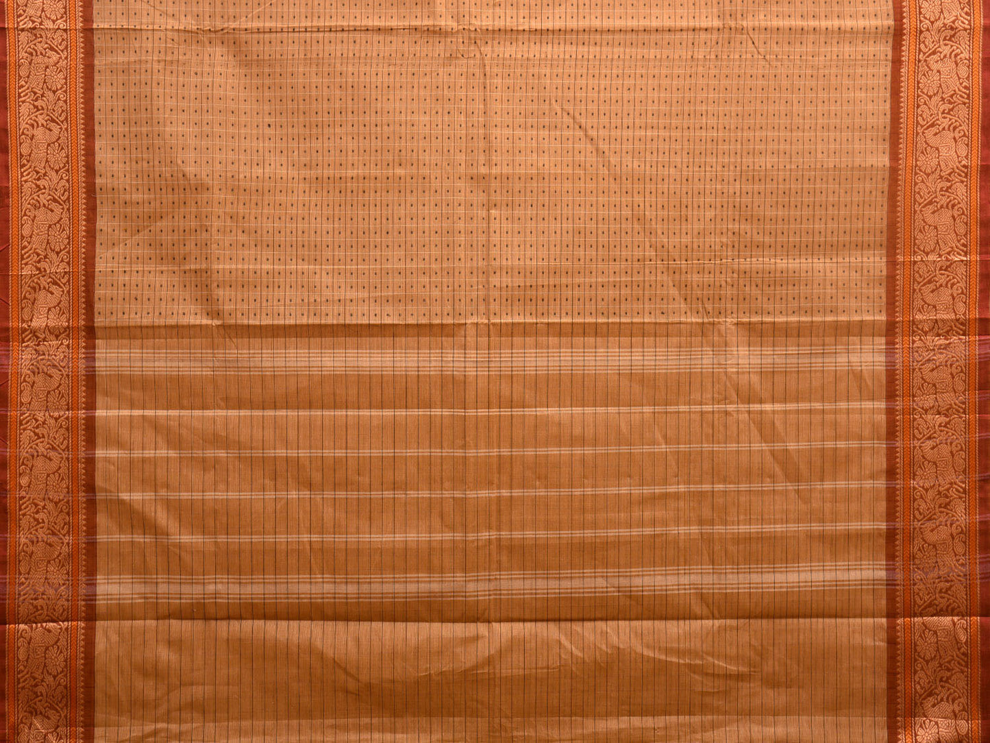 Cream Kanchipuram Cotton Saree with Checks and Horse Border Design k0711