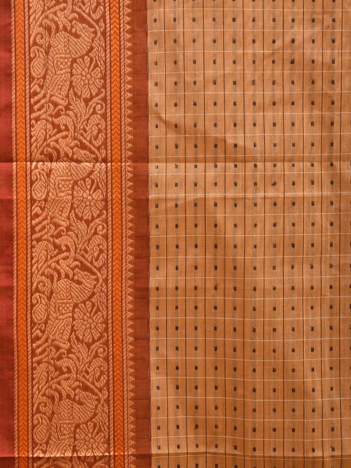 Cream Kanchipuram Cotton Saree with Checks and Horse Border Design k0711