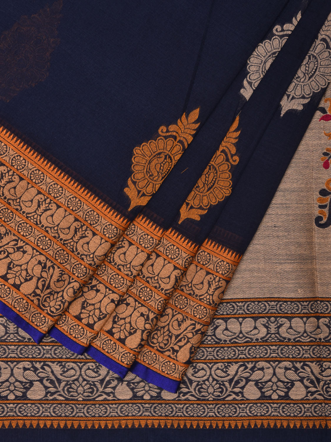 Navy Kanchipuram Cotton Saree with Body Buta and Peacock Border Design k0712