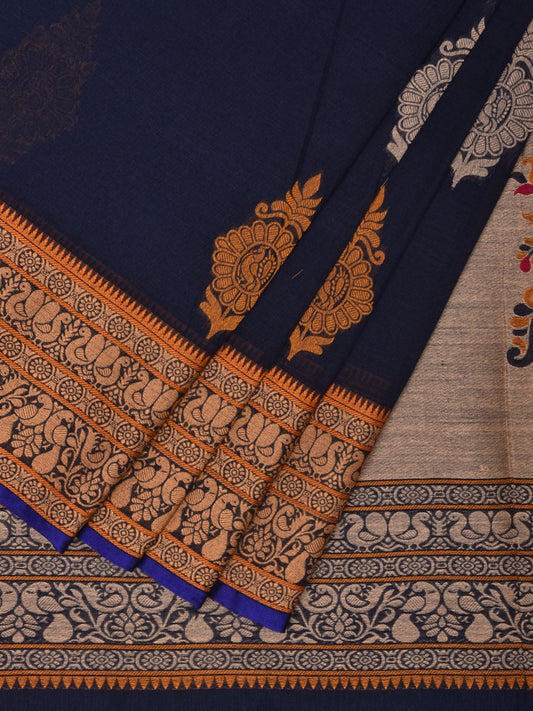 Navy Kanchipuram Cotton Saree with Body Buta and Peacock Border Design k0712