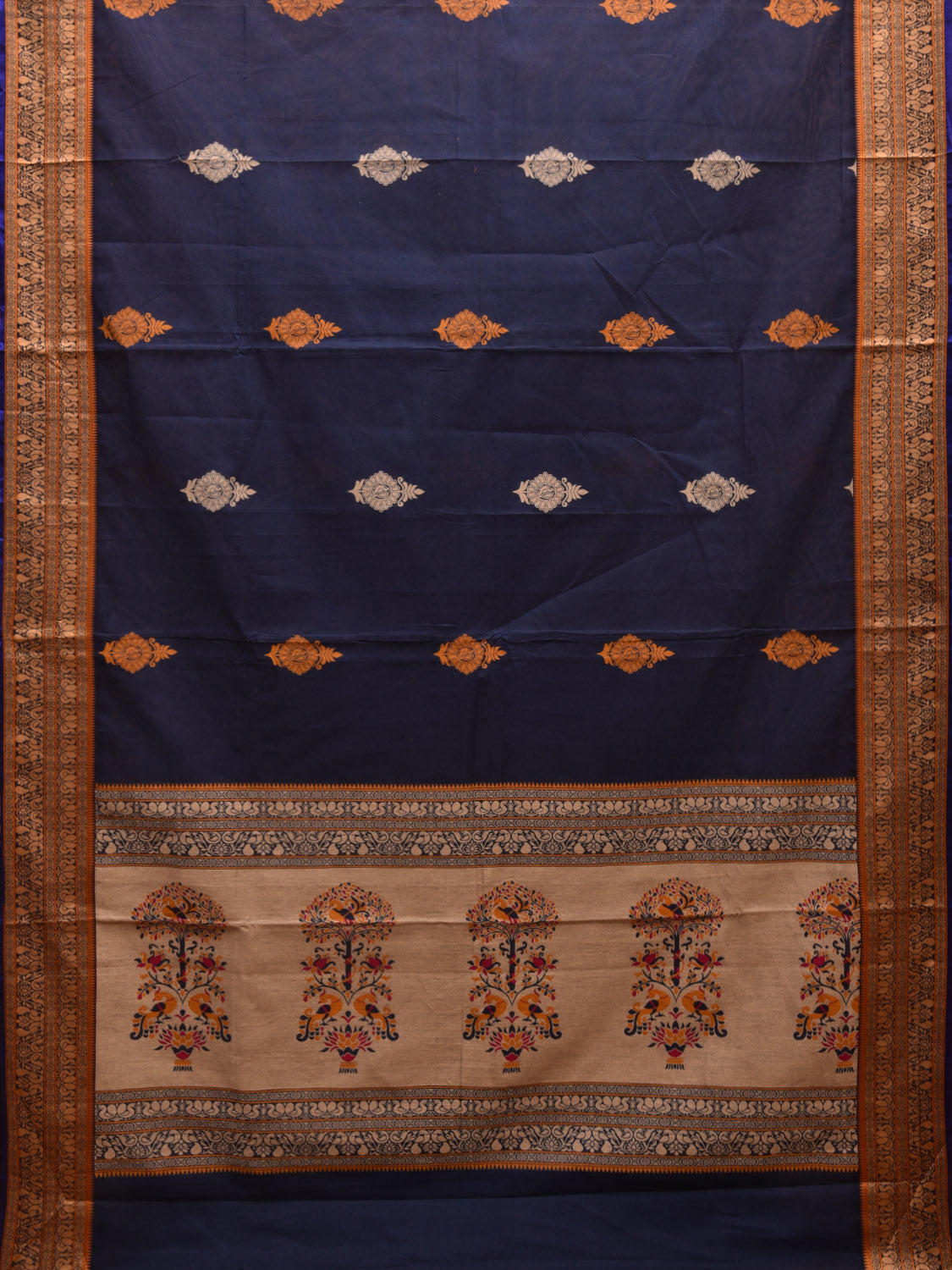Navy Kanchipuram Cotton Saree with Body Buta and Peacock Border Design k0712