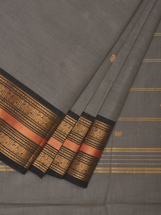 Light Grey Kanchipuram Cotton Saree with Strips Pallu and Peacock Border Design k0714