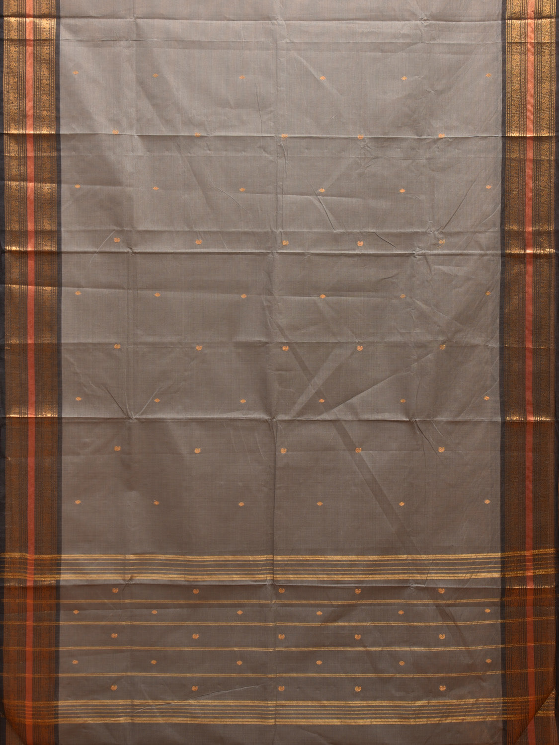 Light Grey Kanchipuram Cotton Saree with Strips Pallu and Peacock Border Design k0714