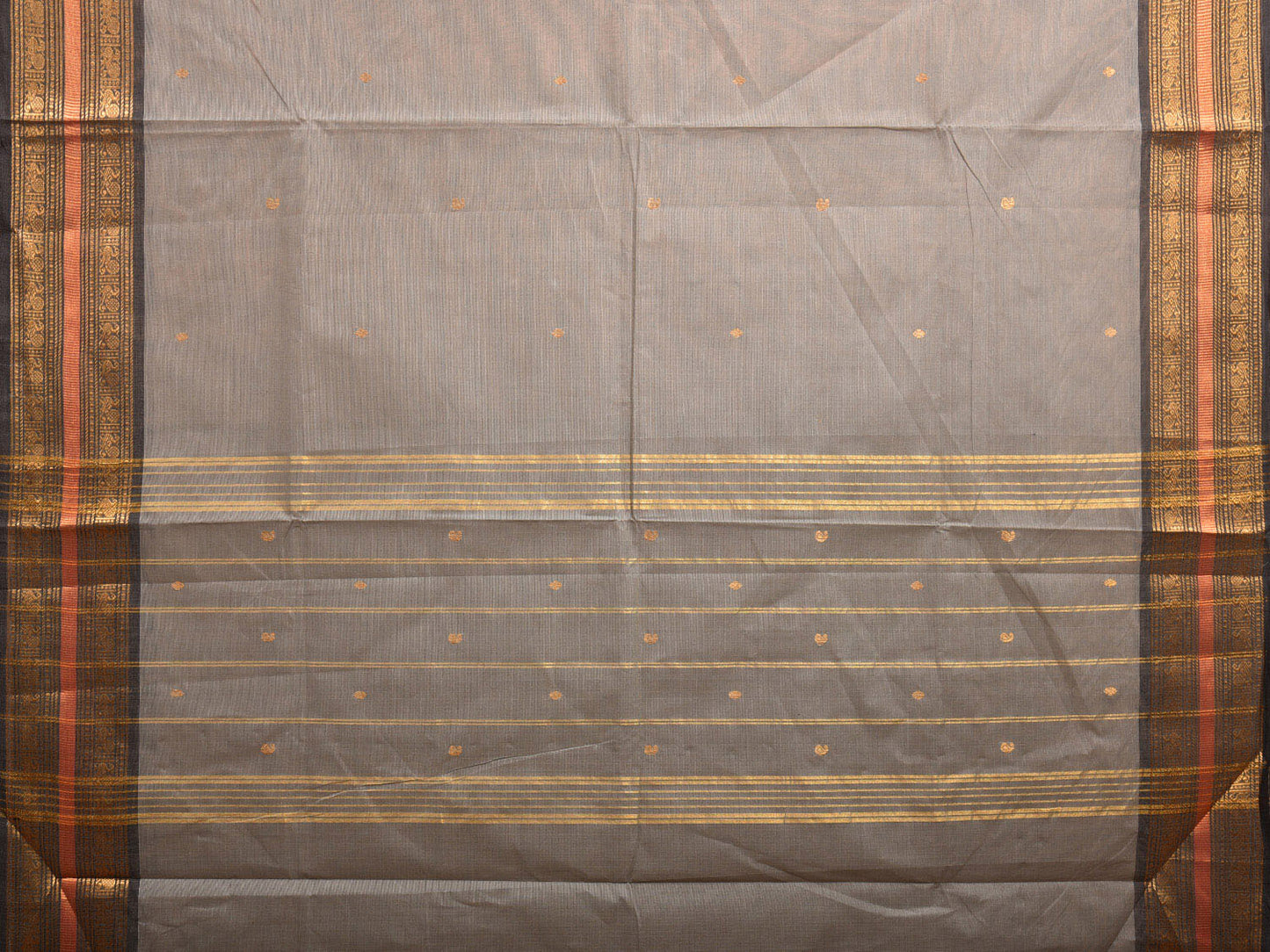 Light Grey Kanchipuram Cotton Saree with Strips Pallu and Peacock Border Design k0714