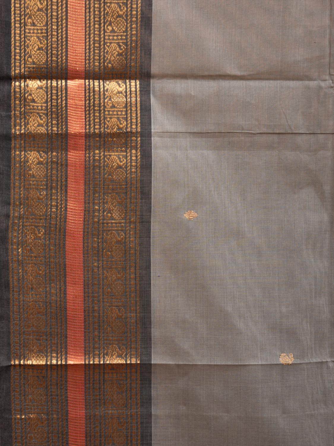 Light Grey Kanchipuram Cotton Saree with Strips Pallu and Peacock Border Design k0714