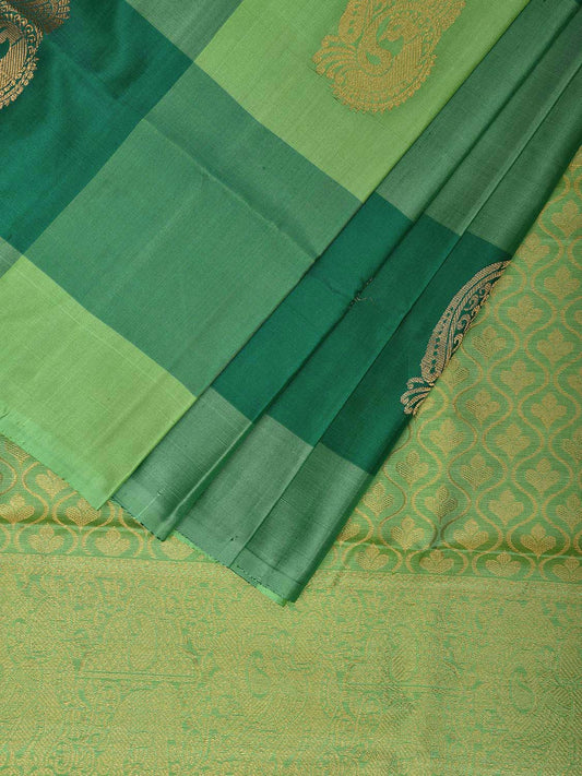 Green Kanchipuram Silk Handloom Saree with Big Checks and Peacock Buta Design k0800