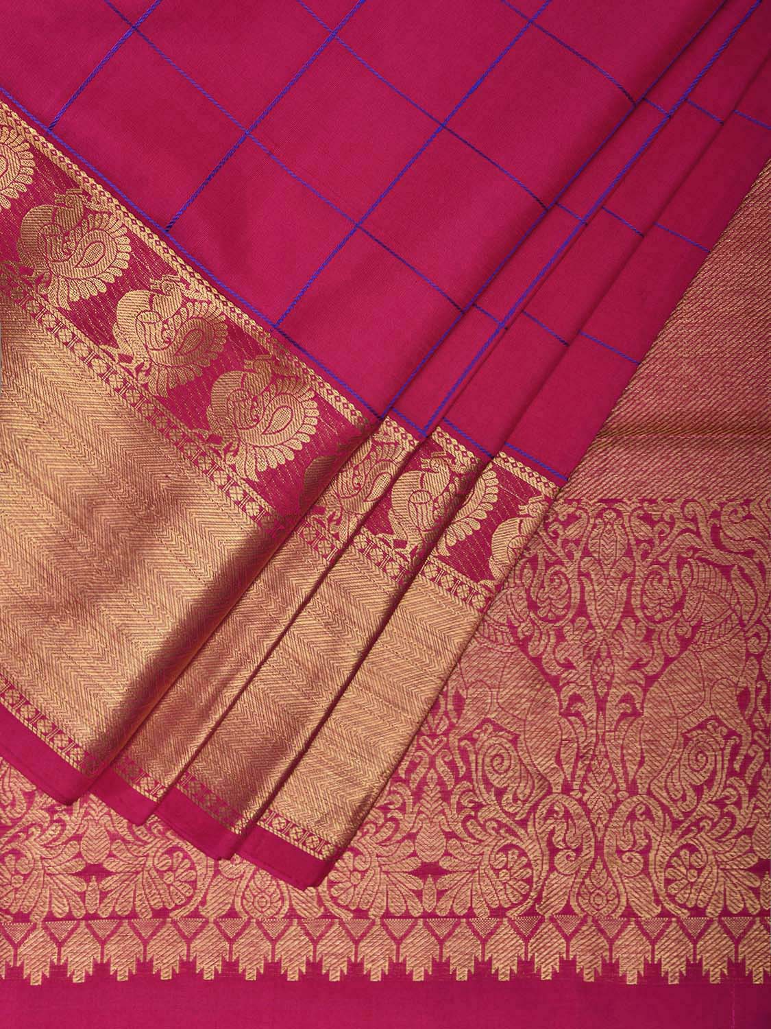 Pink Kanchipuram Silk Handloom Saree with Checks and Border-Pallu Design k0801