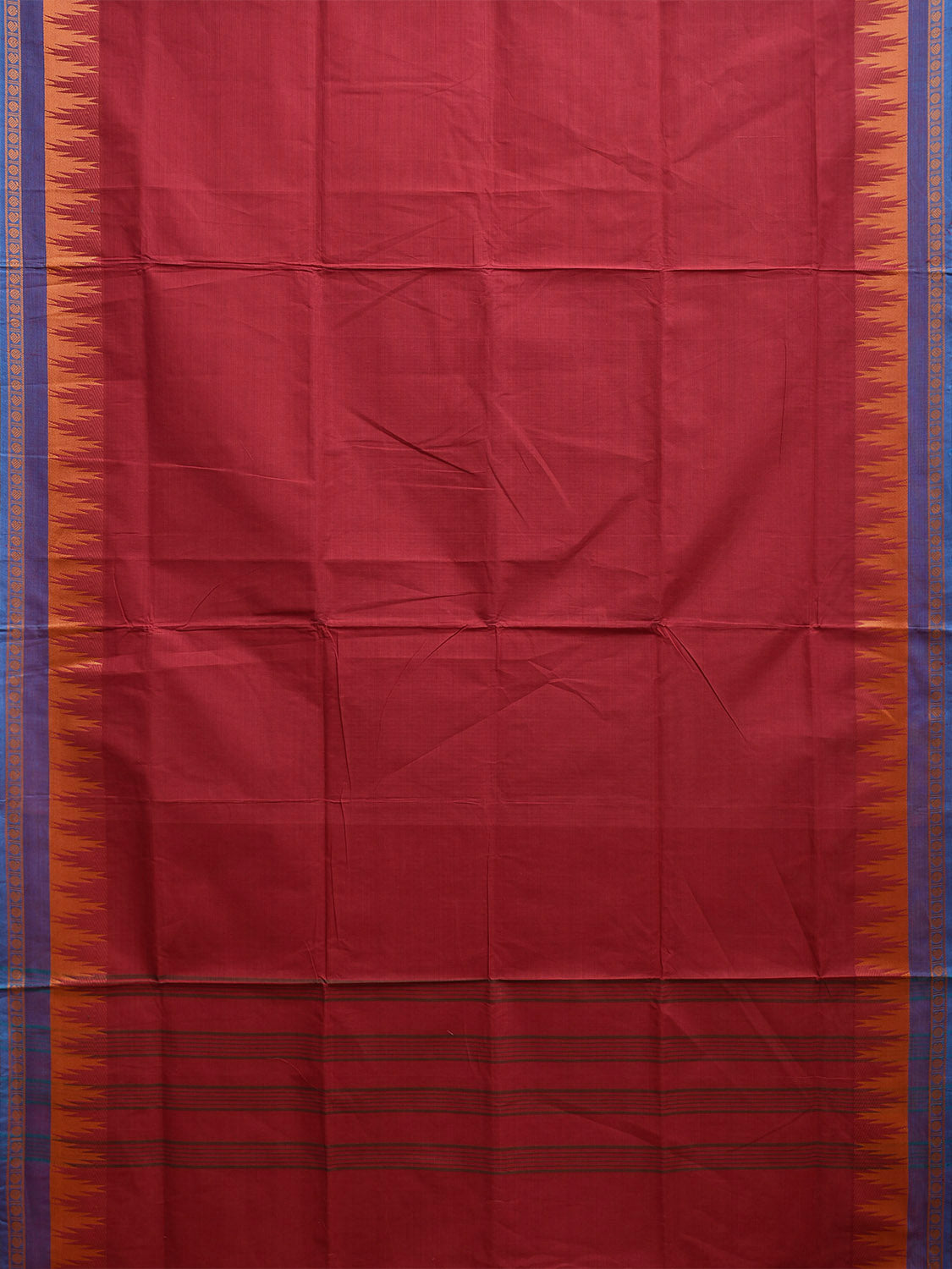 Dark Red Kanchipuram Cotton Plain Saree with Temple Border and Strips Pallu Design k0803