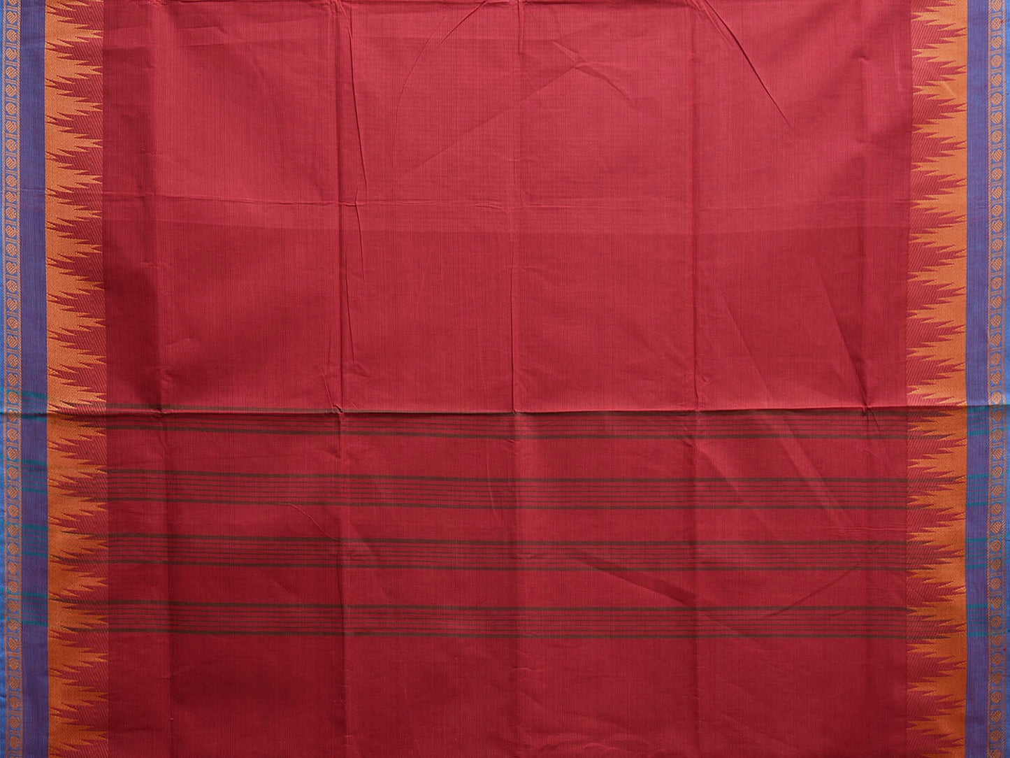 Dark Red Kanchipuram Cotton Plain Saree with Temple Border and Strips Pallu Design k0803