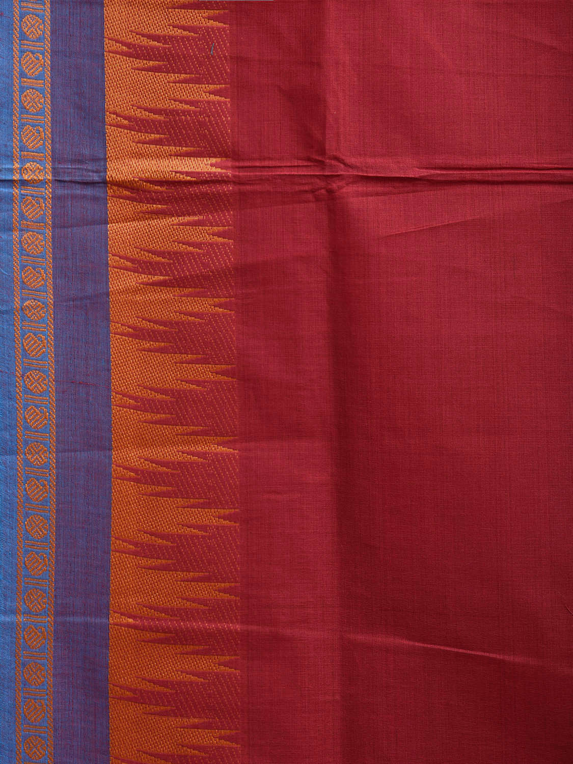 Dark Red Kanchipuram Cotton Plain Saree with Temple Border and Strips Pallu Design k0803