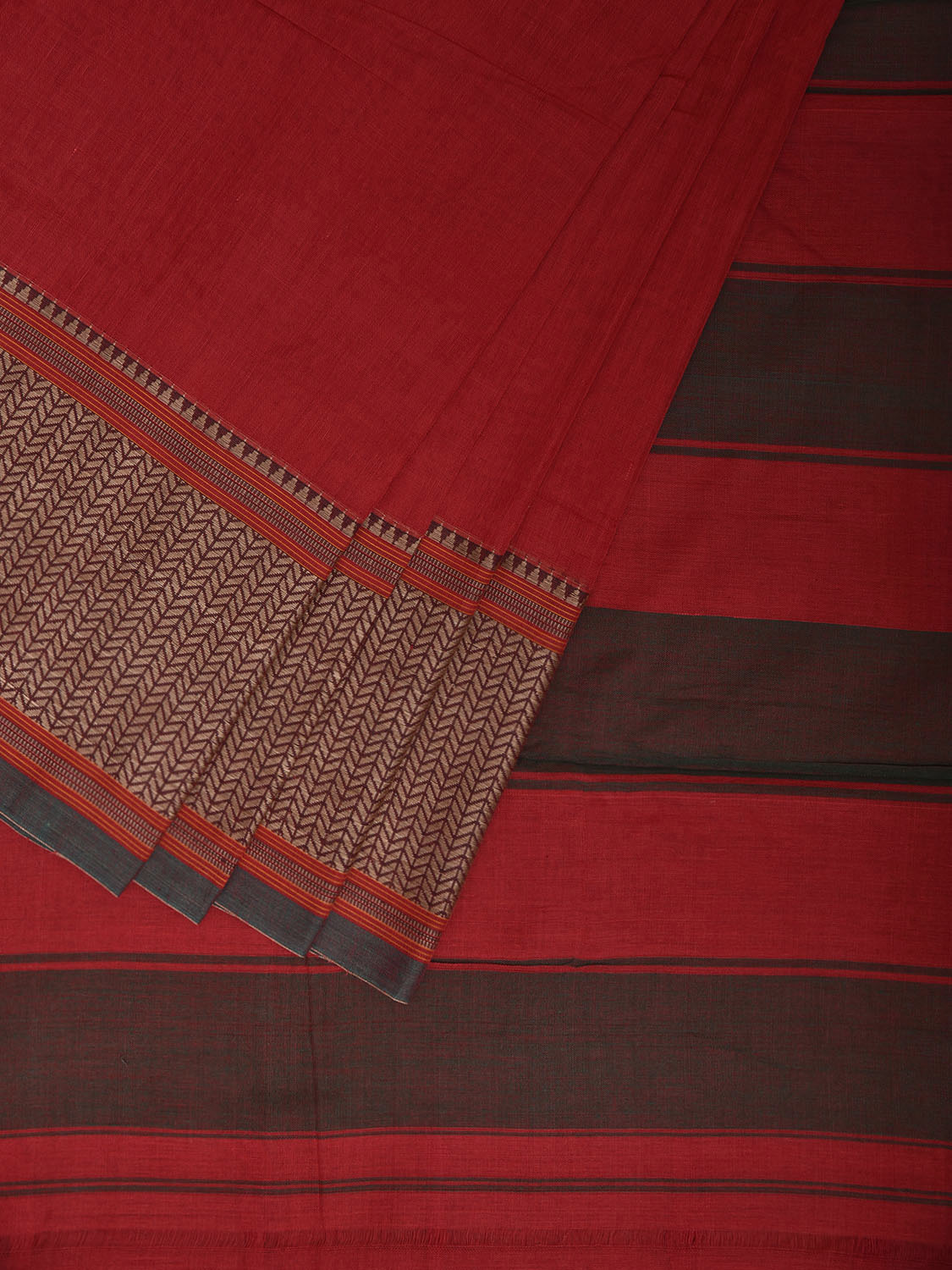 Red Kanchipuram Cotton Plain Saree with Strips Pallu Design No Blouse k0873