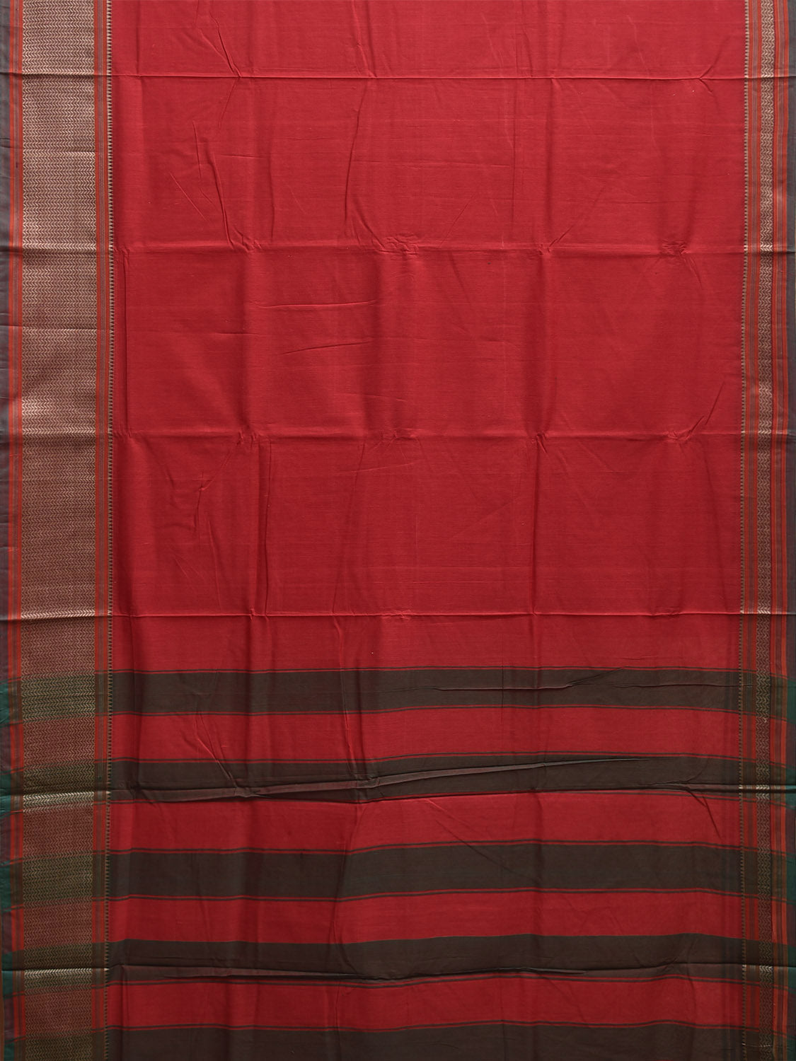 Red Kanchipuram Cotton Plain Saree with Strips Pallu Design No Blouse k0873