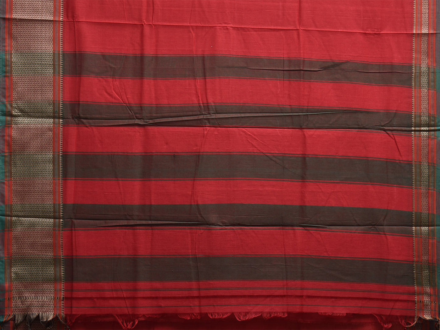 Red Kanchipuram Cotton Plain Saree with Strips Pallu Design No Blouse k0873
