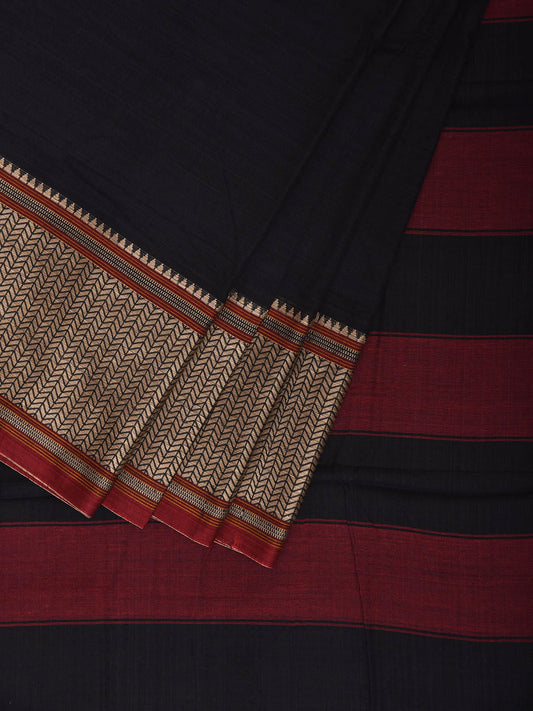 Black and Red Kanchipuram Cotton Plain Saree with Strips Pallu Design No Blouse k0874
