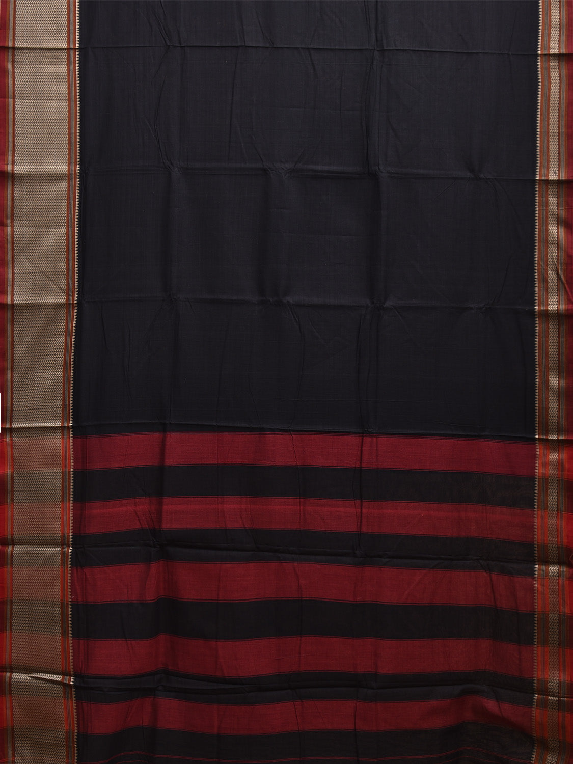 Black and Red Kanchipuram Cotton Plain Saree with Strips Pallu Design No Blouse k0874
