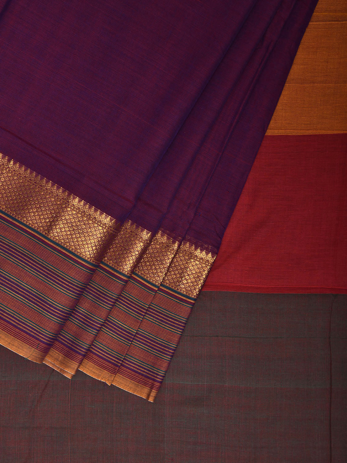 Purple Kanchipuram Cotton Plain Saree with Strips Pallu and Border Design No Blouse k0875
