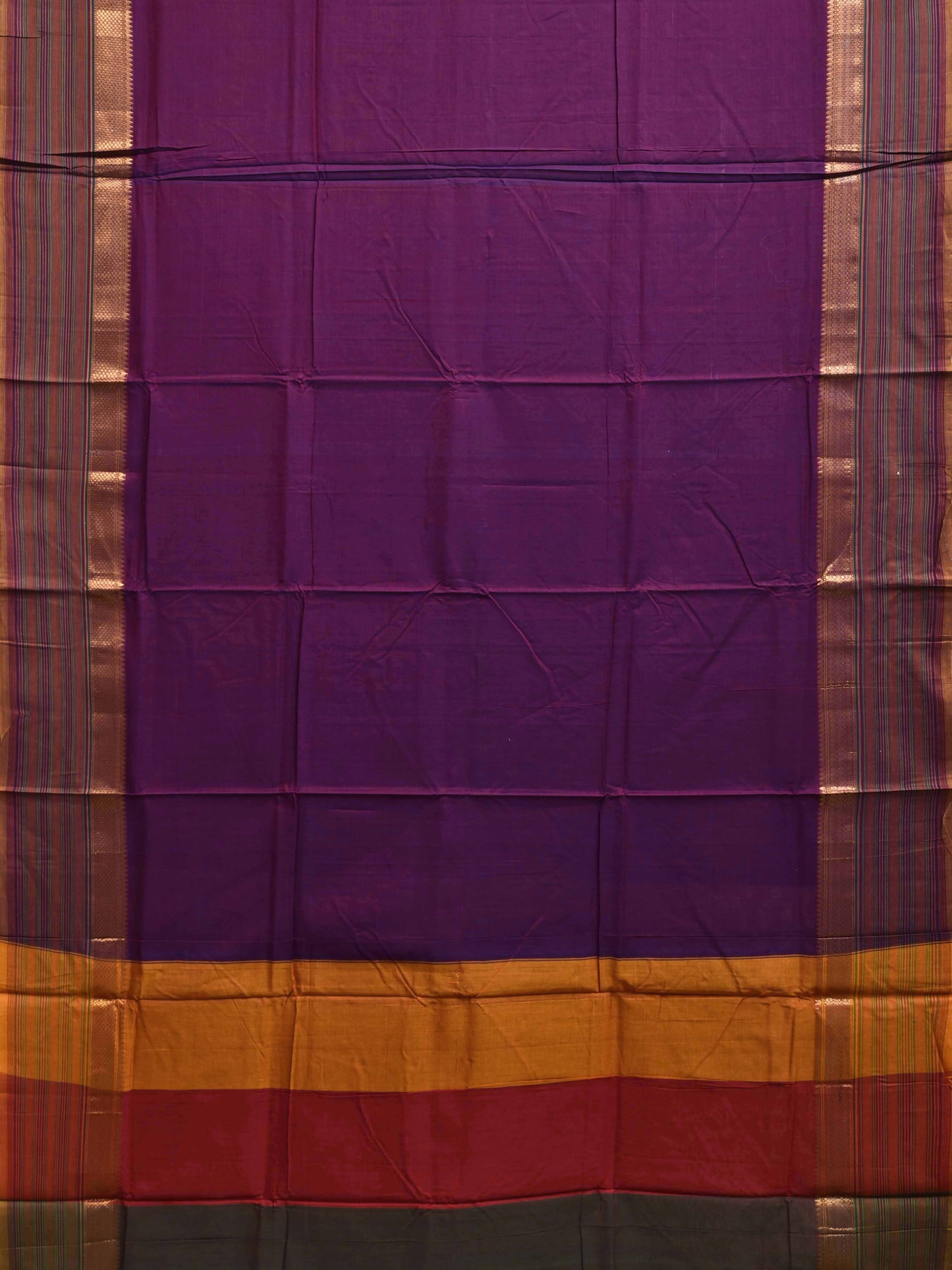 Purple Kanchipuram Cotton Plain Saree with Strips Pallu and Border Design No Blouse k0875