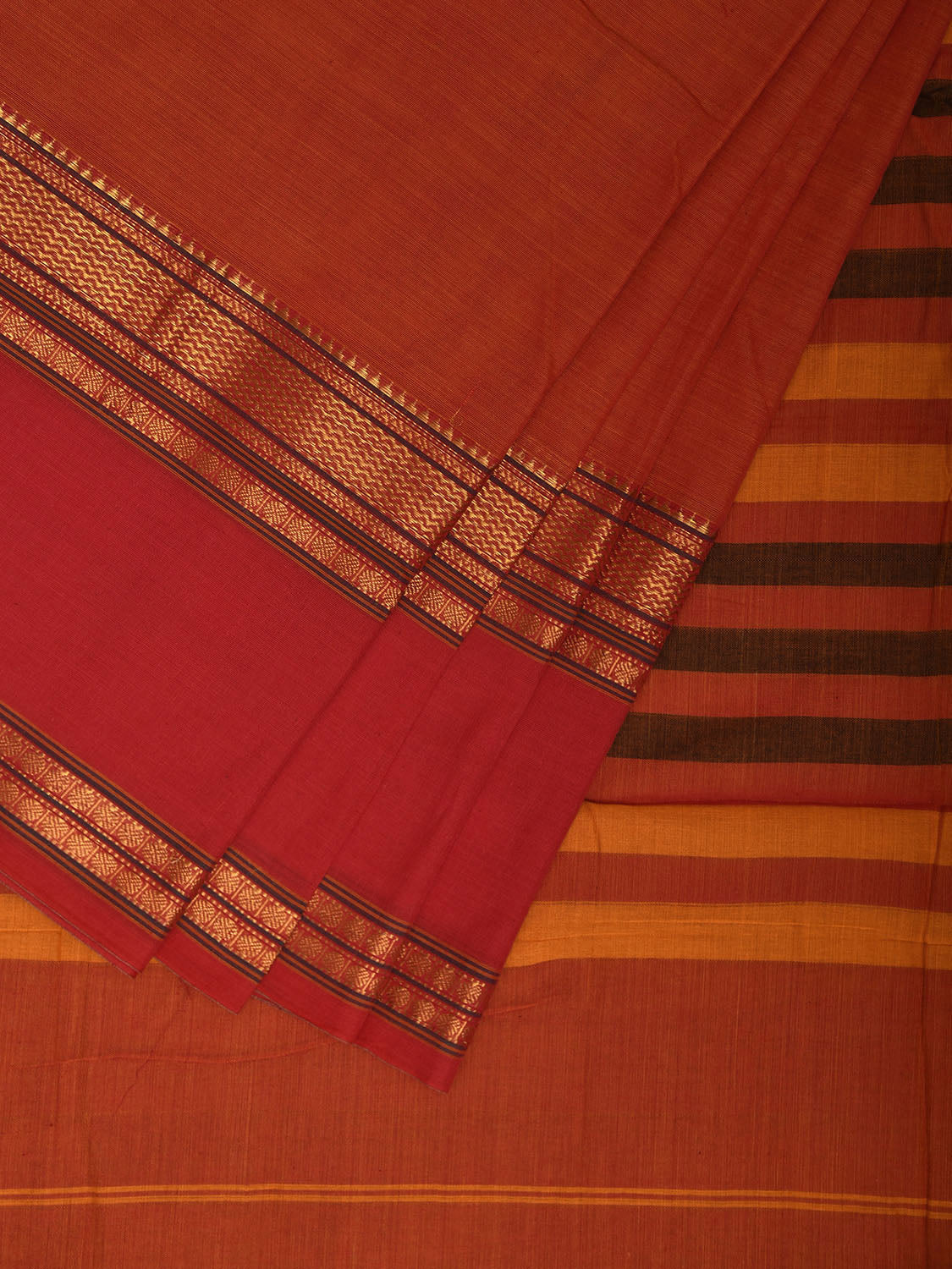 Orange Kanchipuram Cotton Plain Saree with Strips Pallu and Border Design No Blouse k0876