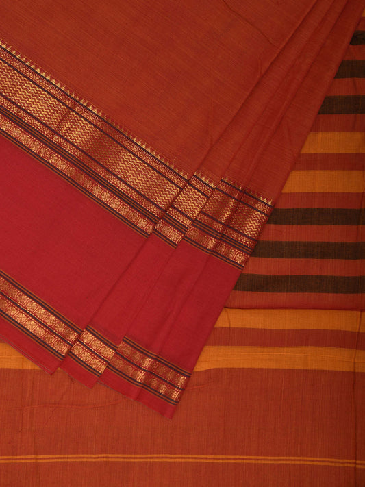 Orange Kanchipuram Cotton Plain Saree with Strips Pallu and Border Design No Blouse k0876