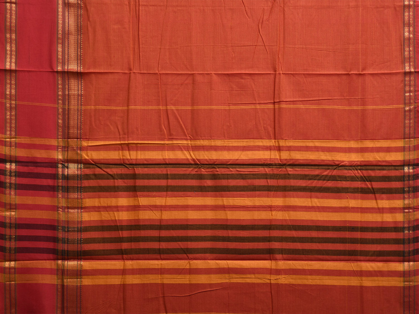 Orange Kanchipuram Cotton Plain Saree with Strips Pallu and Border Design No Blouse k0876