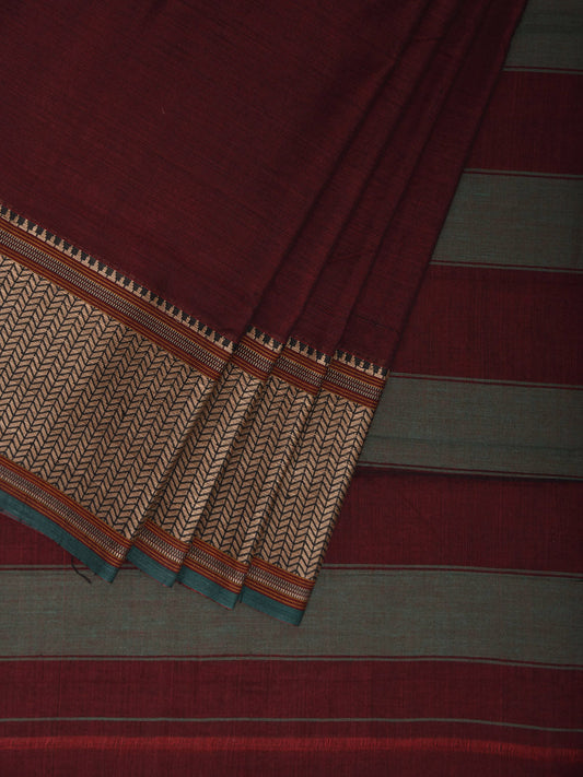 Maroon and Grey Kanchipuram Cotton Plain Saree with Strips Pallu Design No Blouse k0877