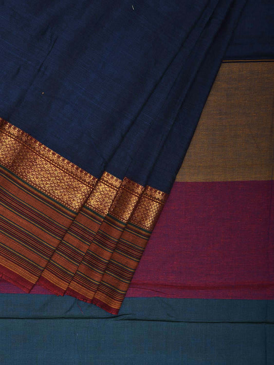 Dark Blue Kanchipuram Cotton Plain Saree with Strips Pallu and Border Design No Blouse k0878