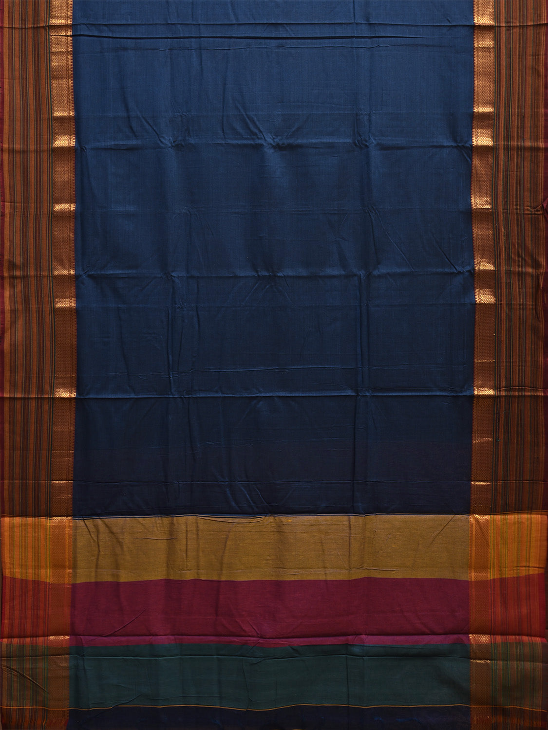 Dark Blue Kanchipuram Cotton Plain Saree with Strips Pallu and Border Design No Blouse k0878