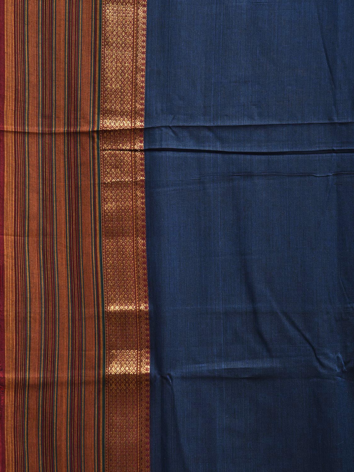 Dark Blue Kanchipuram Cotton Plain Saree with Strips Pallu and Border Design No Blouse k0878