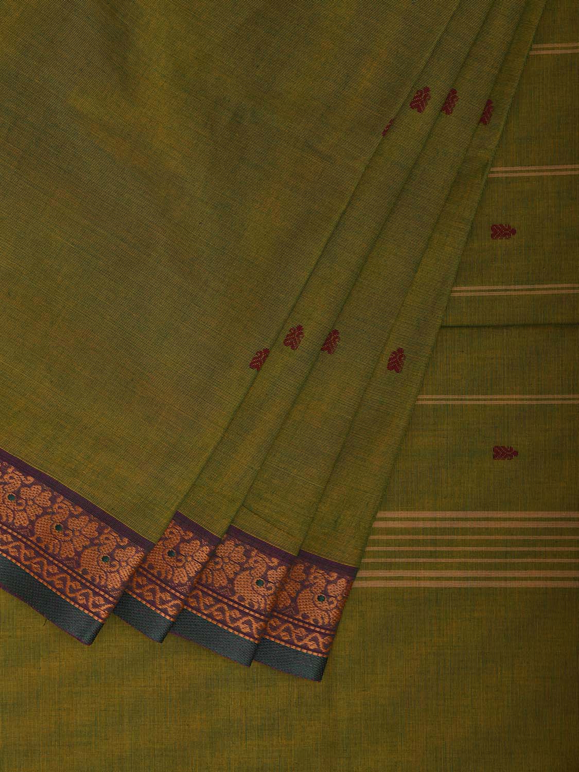 Green Kanchipuram Cotton Saree with Strips Pallu and Border Design k0879