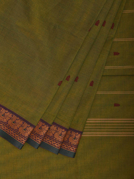 Green Kanchipuram Cotton Saree with Strips Pallu and Border Design k0879