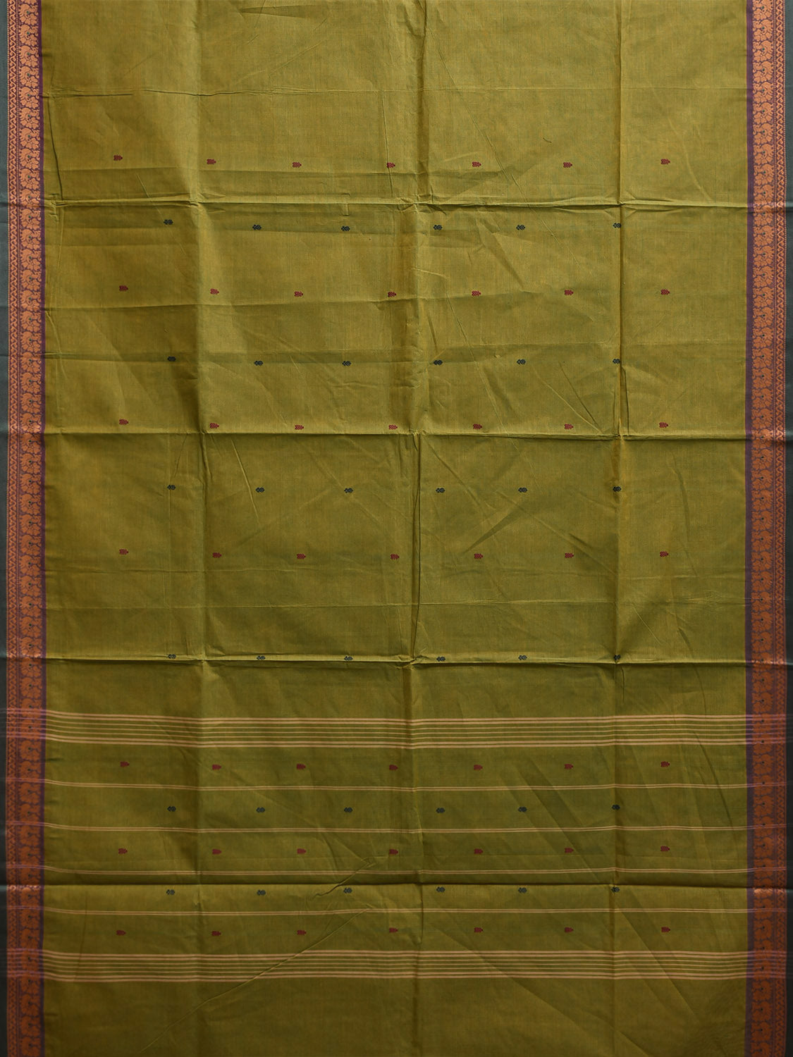 Green Kanchipuram Cotton Saree with Strips Pallu and Border Design k0879