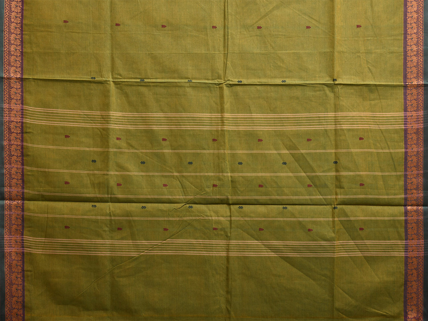 Green Kanchipuram Cotton Saree with Strips Pallu and Border Design k0879