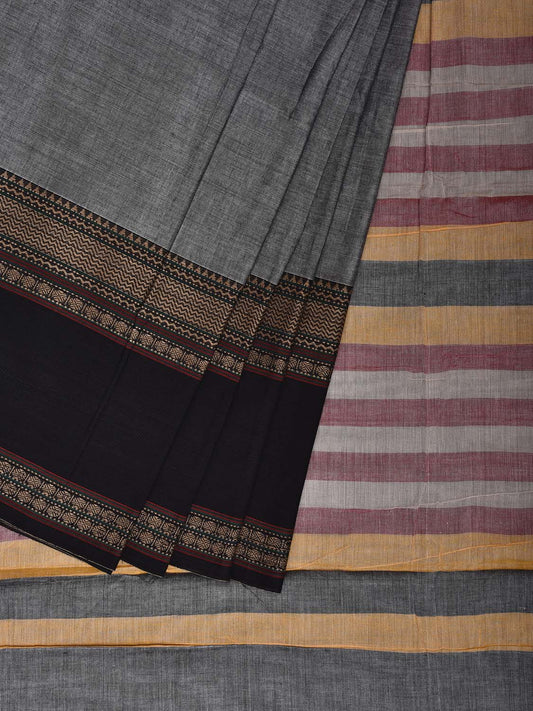Grey and Black Kanchipuram Cotton Plain Saree with Strips Pallu and Bog Border Design k0880