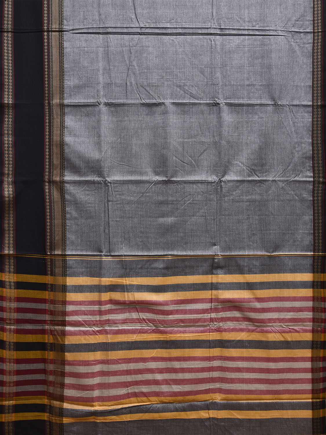 Grey and Black Kanchipuram Cotton Plain Saree with Strips Pallu and Bog Border Design k0880
