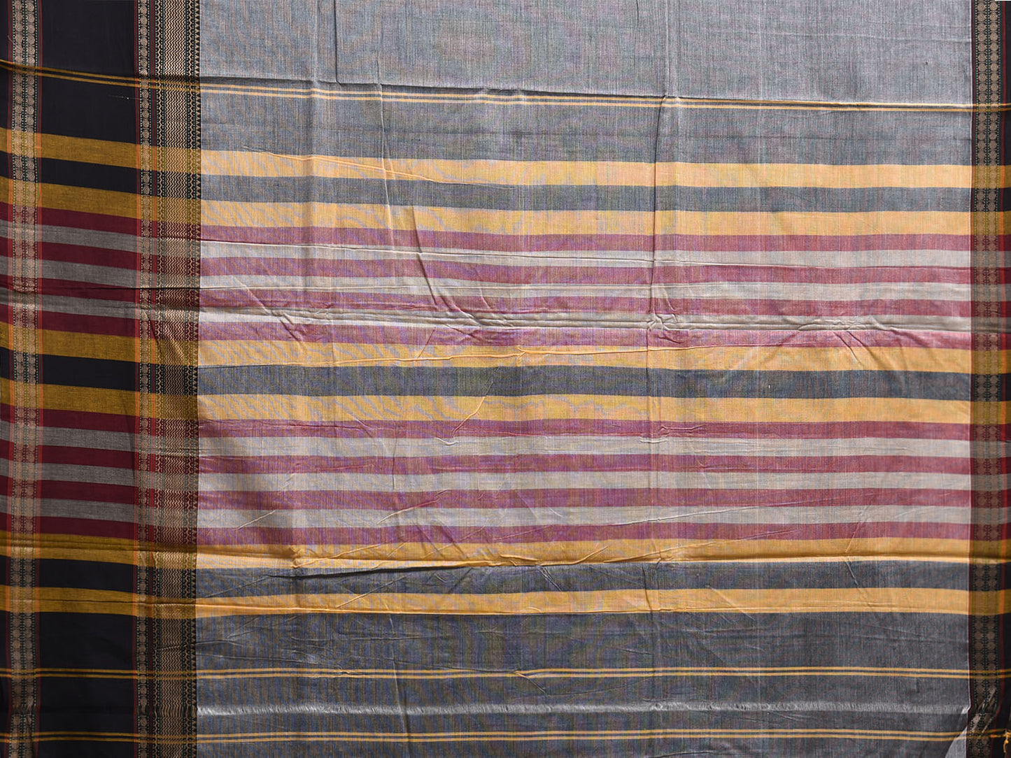 Grey and Black Kanchipuram Cotton Plain Saree with Strips Pallu and Bog Border Design k0880