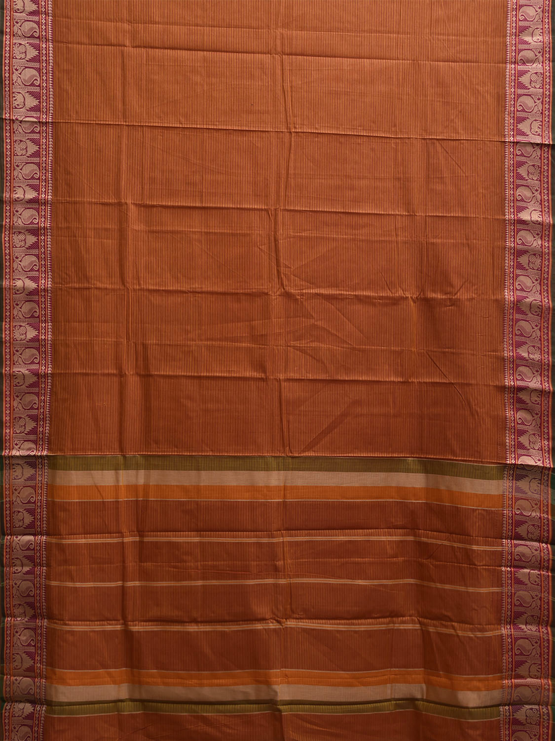 Orange and Pink Kanchipuram Cotton Saree with Strips and Border Design k0881