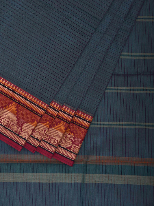 Teal and Pink Kanchipuram Cotton Saree with Strips and Border Design k0882