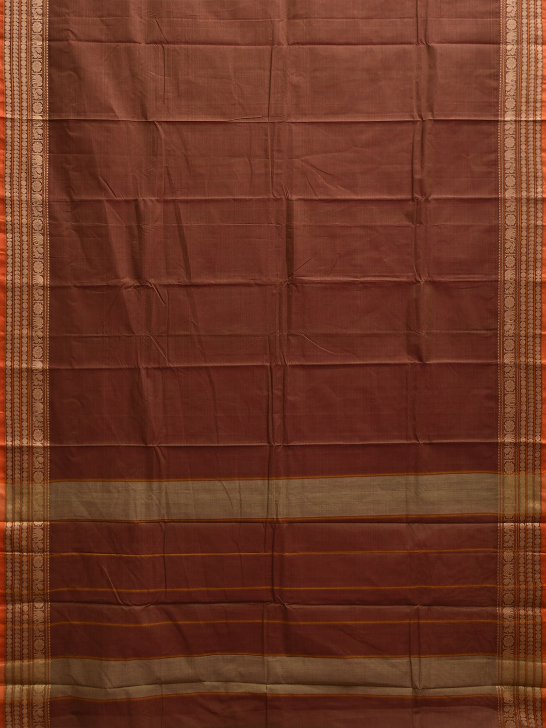 Brown Kanchipuram Cotton Plain Saree with Strips and Border Design k0883