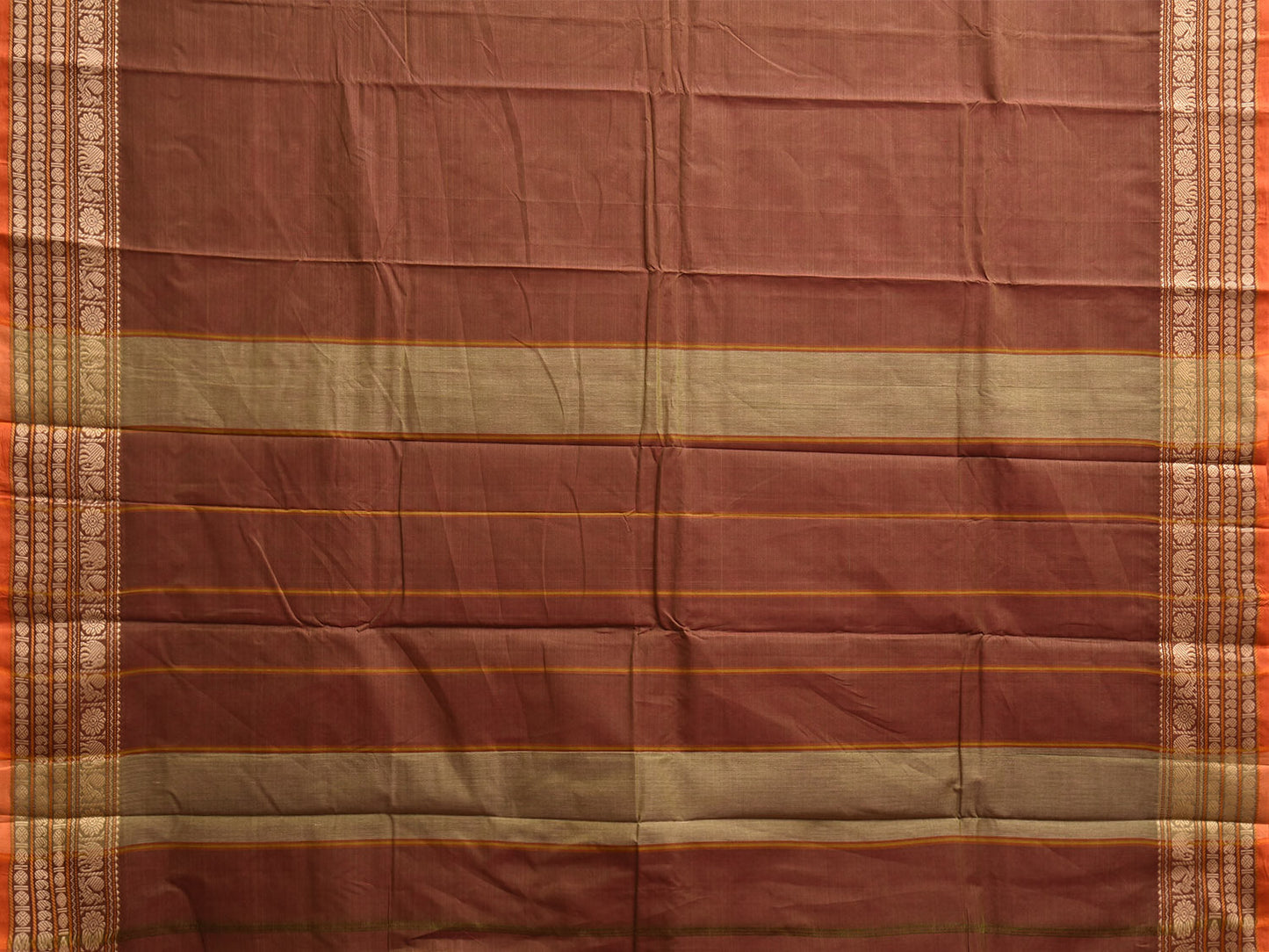 Brown Kanchipuram Cotton Plain Saree with Strips and Border Design k0883