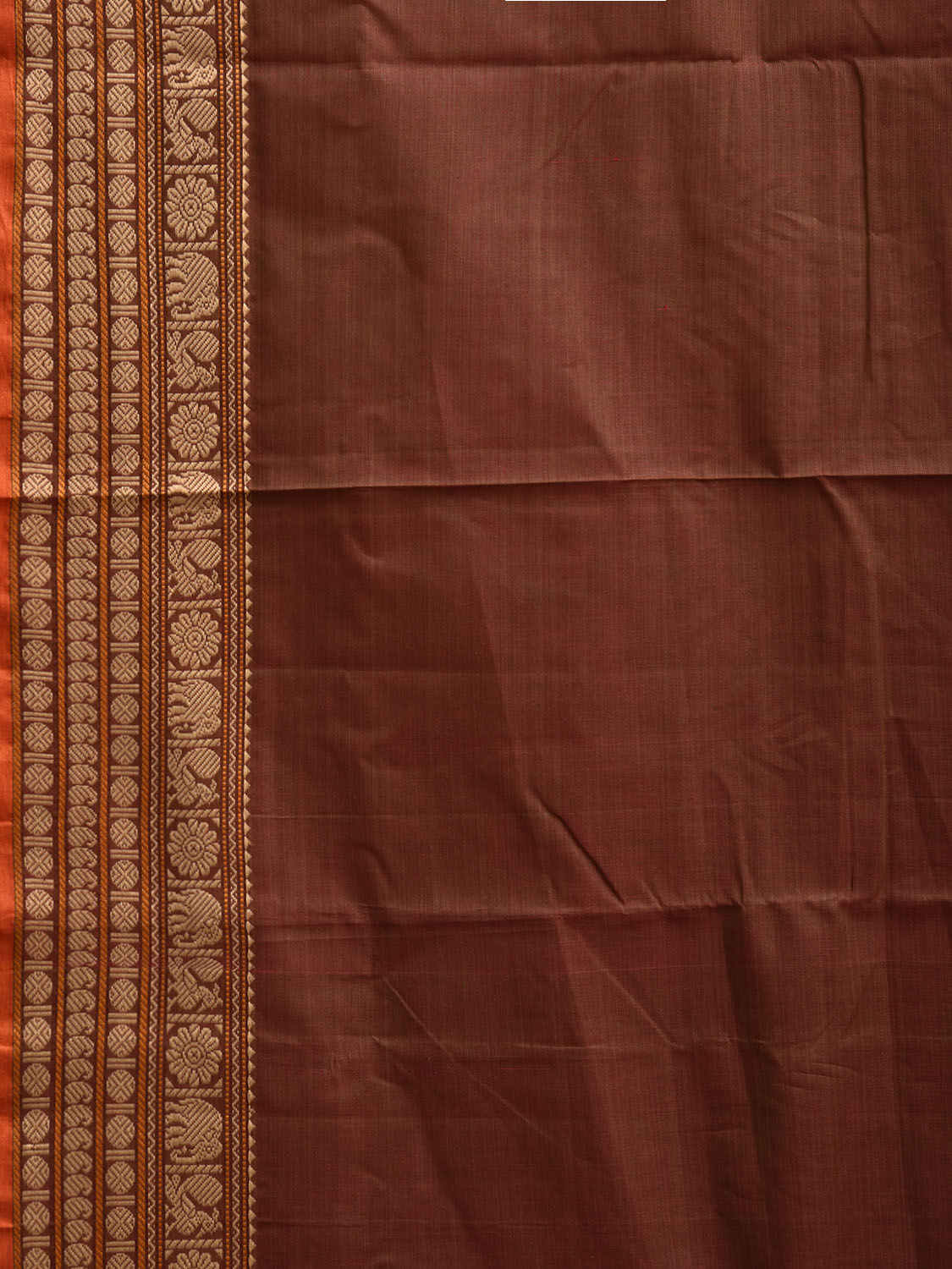 Brown Kanchipuram Cotton Plain Saree with Strips and Border Design k0883