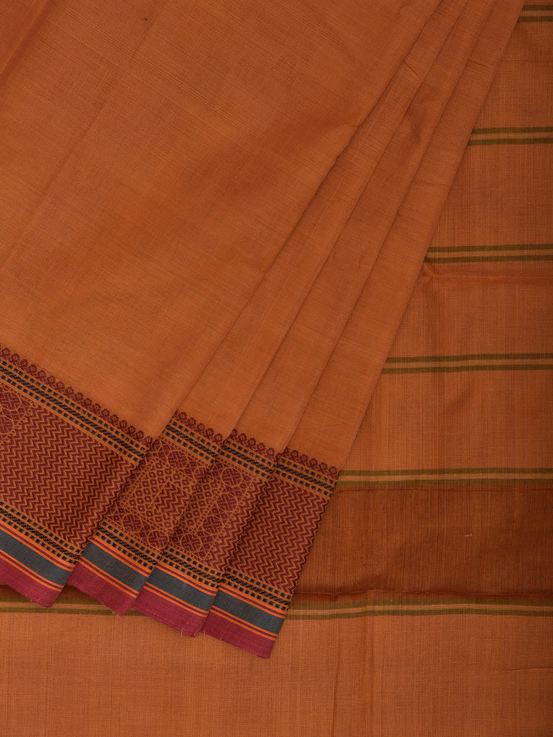 Light Orange Kanchipuram Cotton Plain Saree with Strips Pallu and Border Design k0884