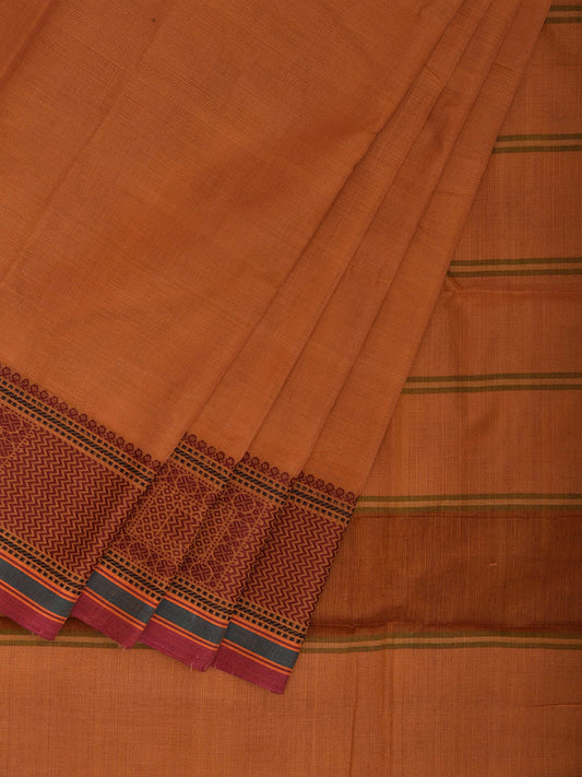 Light Orange Kanchipuram Cotton Plain Saree with Strips Pallu and Border Design k0884