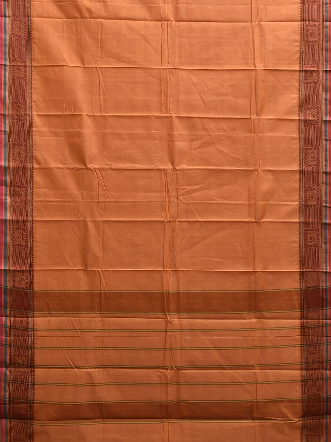 Light Orange Kanchipuram Cotton Plain Saree with Strips Pallu and Border Design k0884