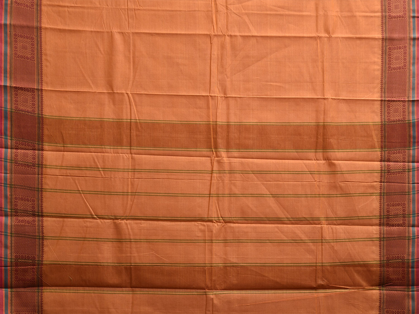 Light Orange Kanchipuram Cotton Plain Saree with Strips Pallu and Border Design k0884